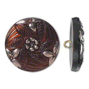 Button, Czech glass and brass, brown and silver, 27mm round with flower design. Sold individually.