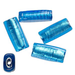 Bead, lampworked glass, opaque turquoise blue, 24x12mm-23x11mm flat tube with silver-colored foil. Sold per pkg of 4.