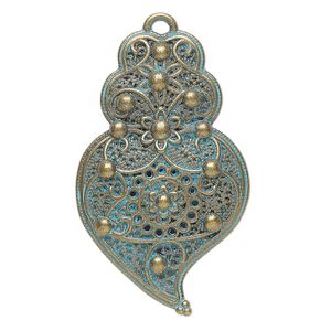 Focal, antique brass-finished "pewter" (zinc-based alloy), green patina, 40x25mm single-sided textured with flower design. Sold per pkg of 4.