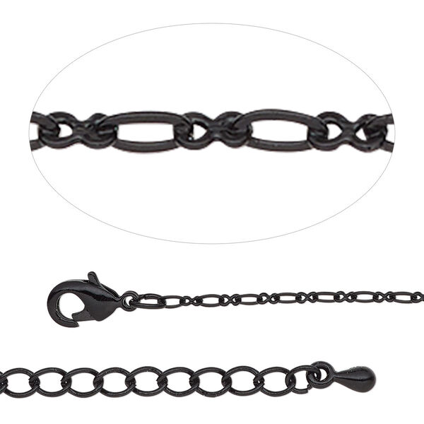 Chain, black-finished steel and brass, 1.7mm figure 8, 7-1/2 inches with 2-inch extender chain and lobster claw clasp. Sold individually. image number 0