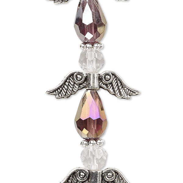 Bead, crystal and antique silver-plated "pewter" (zinc-based alloy), translucent medium purple AB and clear, 23mm angel. Sold per pkg of 4. image number 0
