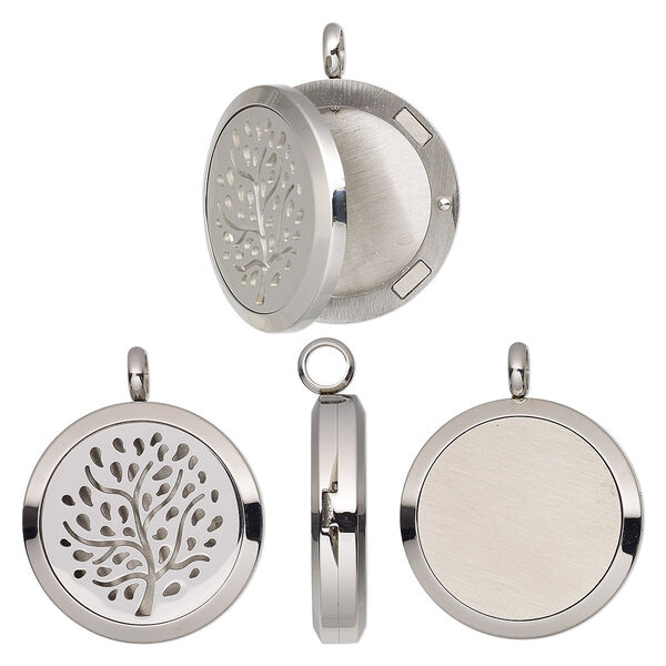 Pendant, stainless steel, 37x30mm single-sided hinged round locket with cutout tree design and magnetic closure. Sold individually. image number 0