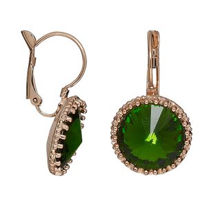 Earring, brass / "pewter" (zinc-based alloy) / glass, pkg/1 pair, 30mm round with leverback ear wire, rose gold-finished and green.