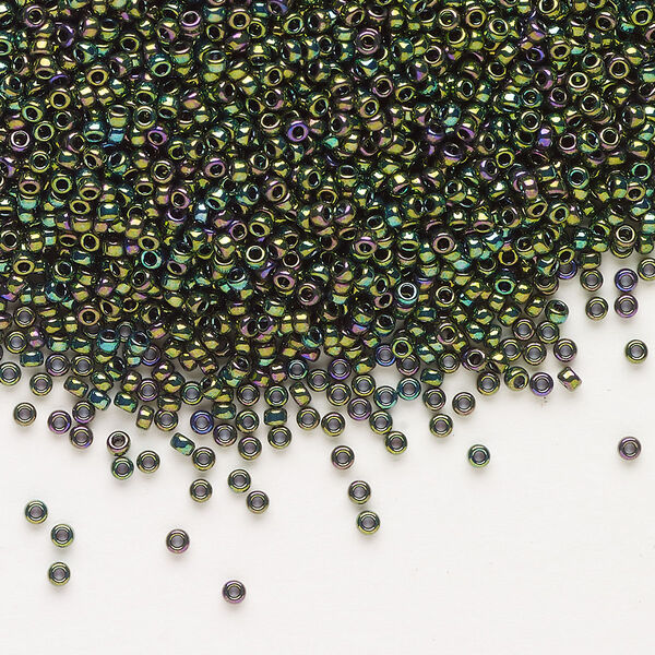 Seed bead, Miyuki, glass, pkg/35g, #15 rocaille, opaque metallic iris dark green (RR-465). image number 0