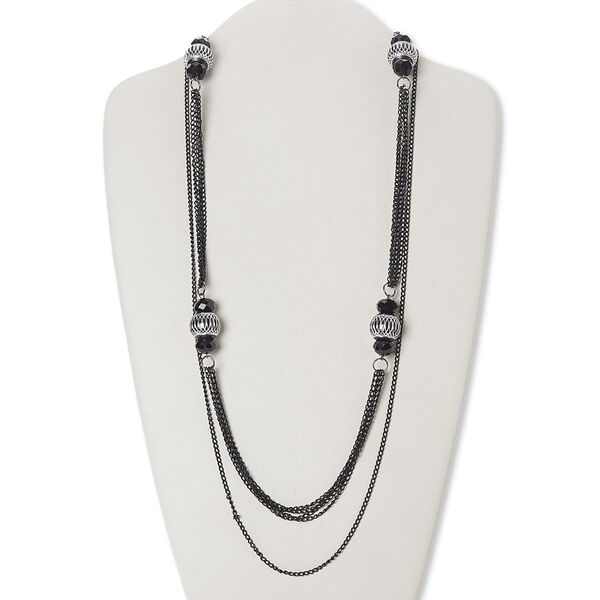 Necklace, glass / acrylic / steel / silver-coated plastic, black, rondelle, 34-inch continuous loop. Sold individually. image number 0