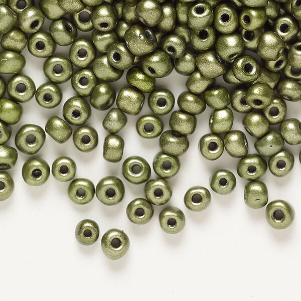 Seed bead glass 1pk #6 round, opaque metallic green 100 gram image number 0