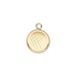 Drop, gold-plated brass, 13mm round with beaded edge and 12mm round bezel setting. Sold per pkg of 12.