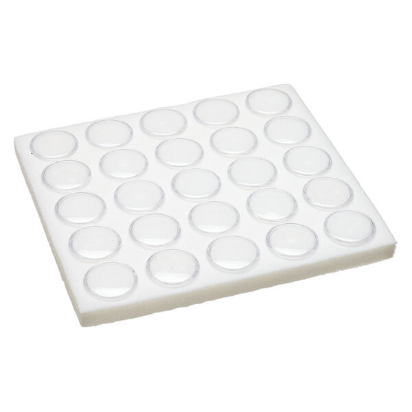 Display insert, faceted gems, foam and acrylic, white and clear, 7-3/4 x 6-3/4 x 3/4 inches with (25) 1-1/4 x 3/4 inch reclosable vials, fits standard half tray. Sold individually. image number 0