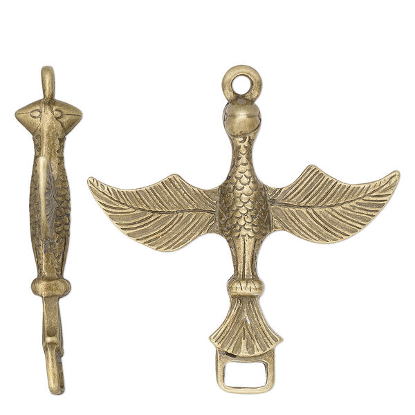 Focal, antique brass-finished "pewter" (zinc-based alloy), 54x51mm double-sided bird with loop. Sold individually. image number 0