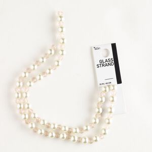 Bead mix, glass pearl and acrylic, opaque white and translucent pink, 7-8mm round and 6x5mm faceted rondelle. Sold per 18-inch strand, approximately 80 beads.