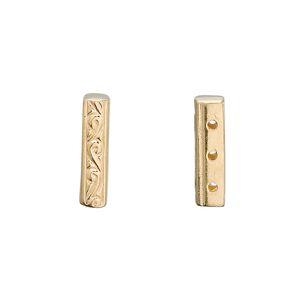 Spacer bar, 3-strand, antiqued "vermeil," 16x3.5mm filigree rectangle, fits up to 5mm bead. Sold individually.