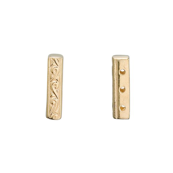 Spacer bar, 3-strand, antiqued "vermeil," 16x3.5mm filigree rectangle, fits up to 5mm bead. Sold individually. image number 0