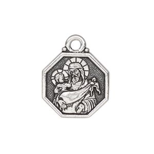 Drop, TierraCast®, antique silver-plated pewter, 20mm 2-sided octagon with Saint Christopher and "Saint Christopher protect us." Sold individually.
