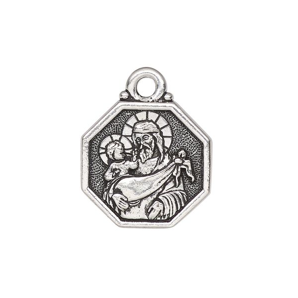 Drop, TierraCast®, antique silver-plated pewter, 20mm 2-sided octagon with Saint Christopher and "Saint Christopher protect us." Sold individually. image number 0