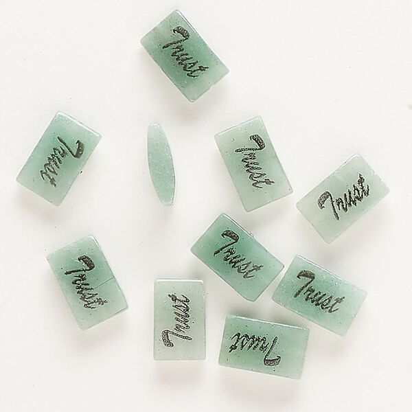 Green aventurine / enamel 1pkg10, double-sided "Trust" flat rectangle bead 12x8mm-13x9mm image number 0