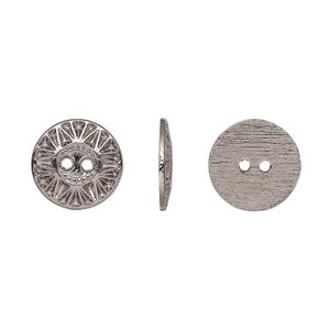 Button, gunmetal-finished "pewter" (zinc-based alloy), 12.5mm single-sided flat round with sunburst design. Sold per pkg of 50.