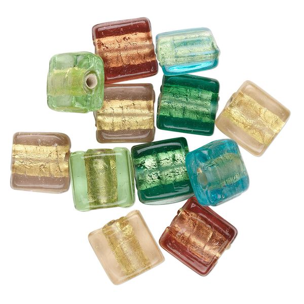 Bead mix, glass, mixed colors with gold-colored foil, 10x10mm flat square. Sold per pkg of 12. image number 0