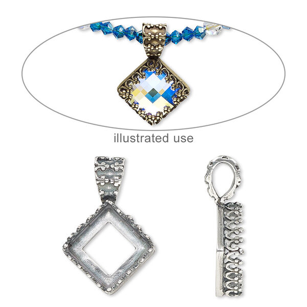 Pendant, JBB Findings, antique silver-plated brass, 23x15.5mm square with open back and decorative trim with 10mm square bezel setting. Sold individually. image number 0