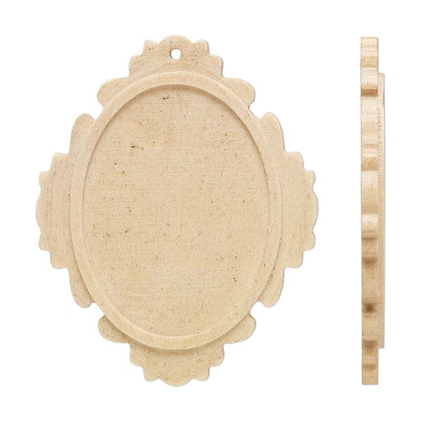 Focal, Japanese pagoda wood (natural), tan, 57x46mm single-sided top-drilled oval with 40x30mm non-calibrated oval glue-in setting. Sold per pkg of 8. image number 0
