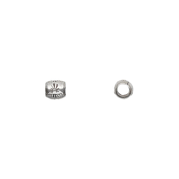 Bead, Hill Tribes, antiqued sterling silver, 5mm round tube with sun design. Sold per pkg of 6. image number 0