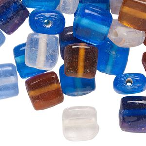 Bead mix, glass, translucent mixed colors, 10-11mm puffed square. Sold per pkg of 50 beads.