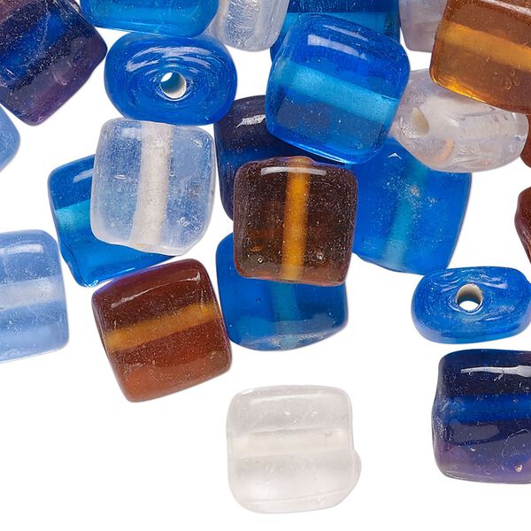 Bead mix, glass, translucent mixed colors, 10-11mm puffed square. Sold per pkg of 50 beads. image number 0