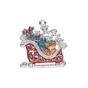 Charm, silver-plated "pewter" (zinc-based alloy) and enamel, multicolored, 25x21mm single-sided sleigh with presents and glitter. Sold individually.