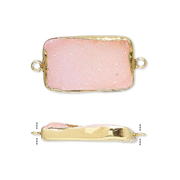 Link, druzy agate (dyed) and gold-finished sterling silver, pink, 22x13mm single-sided rectangle. Sold per pkg of 2. image number 0
