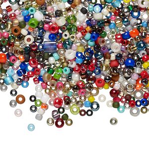 Seed bead mix, glass, pkg/100g, 11/0-8/0 round, opaque to transparent mixed colors.