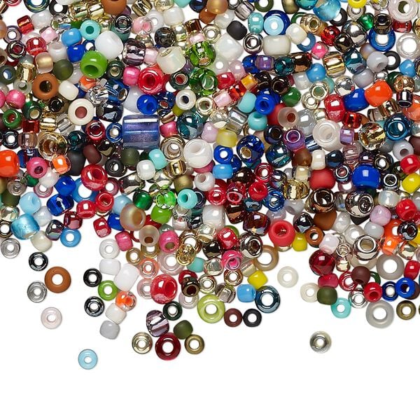 Seed bead mix, glass, pkg/100g, 11/0-8/0 round, opaque to transparent mixed colors. image number 0