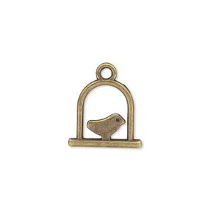 Charm, antique brass-plated "pewter" (zinc-based alloy), 15x14mm double-sided bird on swing. Sold per pkg of 20.