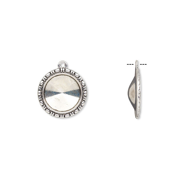 Drop, Almost Instant Jewelry®, antique silver-finished "pewter" (zinc-based alloy), 24mm round with beaded design and 18mm rivoli setting. Sold per pkg of 6. image number 0
