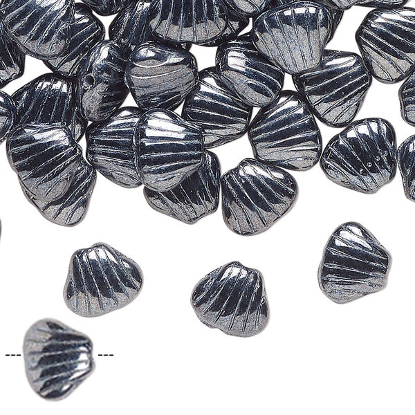Bead pressed glass 1pk 9x8mm-9mm textured shell, 1 ounce opaque gunmetal image number 0
