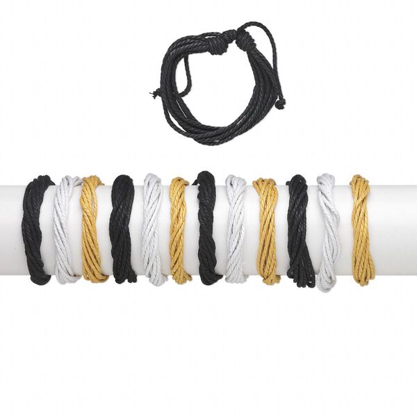 Bracelet, waxed cotton cord, white / black / yellow, 18mm wide, adjustable from 6 to 8-1/2 inches with knot closure. Sold per pkg of 12. image number 0