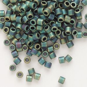 Seed bead, Delica®, glass, pkg/50g, #8 round, opaque matte metallic iris green patina (DBL-0324).