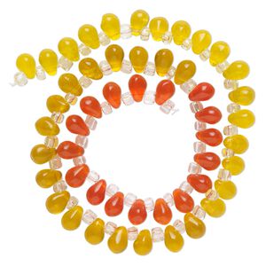Bead, glass, transparent orange, light yellow and yellow, 8x6mm top-drilled teardrop with irregular rondelles. Sold per 14-inch strand.