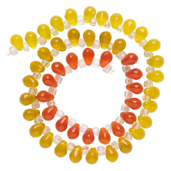 Bead, glass, transparent orange, light yellow and yellow, 8x6mm top-drilled teardrop with irregular rondelles. Sold per 14-inch strand. image number 0