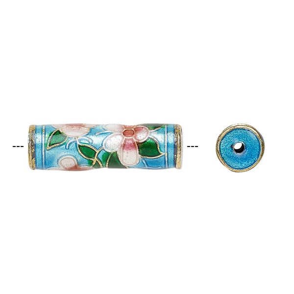 Bead, enamel and gold-finished copper, light blue / green / pink, 23x7mm round tube with flower design. Sold per pkg of 4. image number 0