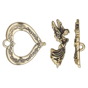 Clasp toggle 1pkg1 "pewter" (zinc alloy), 23x21mm heart / angel bar, antique gold-finished 1-strand