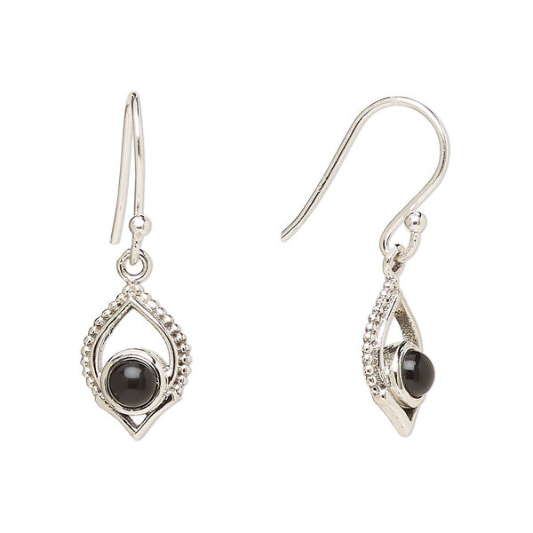 Ear wire, Create Compliments®, antiqued sterling silver and black onyx (dyed), fishhook, 28mm with 13.5x9mm single-sided marquise, 21 gauge. Sold per pair. image number 0