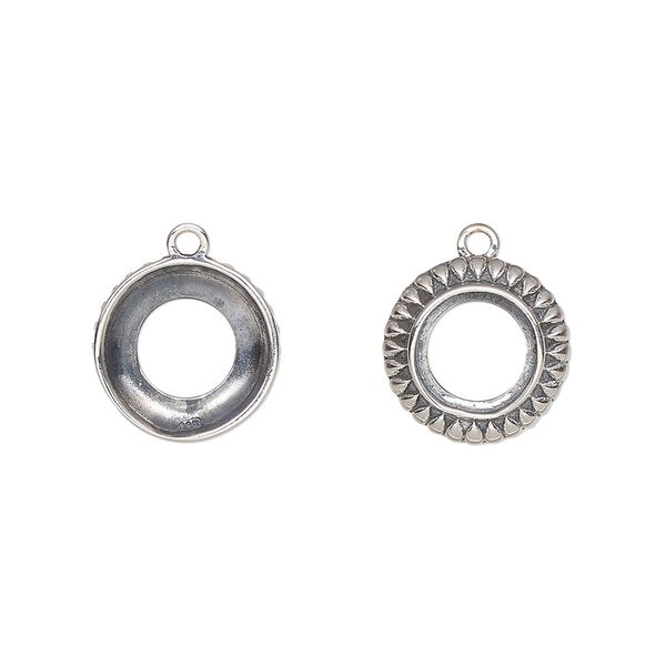 Drop, antiqued sterling silver, 12.5mm round with 8mm round setting and open back. Sold individually. image number 0