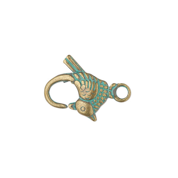 Clasp, lobster claw, antique brass-plated "pewter" (zinc-based alloy), green patina, 18x17mm double-sided bird. Sold per pkg of 8. image number 0