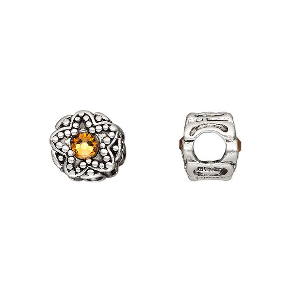 Bead, Dione®, antique silver-plated pewter (tin-based alloy) and crystal rhinestone, golden topaz yellow, 11mm double-sided round with star design. Sold individually. image number 0