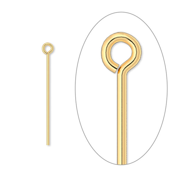 Eye pin, gold-plated brass, 1 inch, 21 gauge. Sold per pkg of 100. image number 0