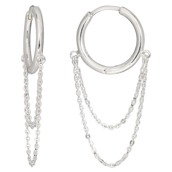 Earring, sterling silver, 17.5mm round hoop with 24mm chain drape and hinged closure, 18 gauge. Sold per pair. image number 0