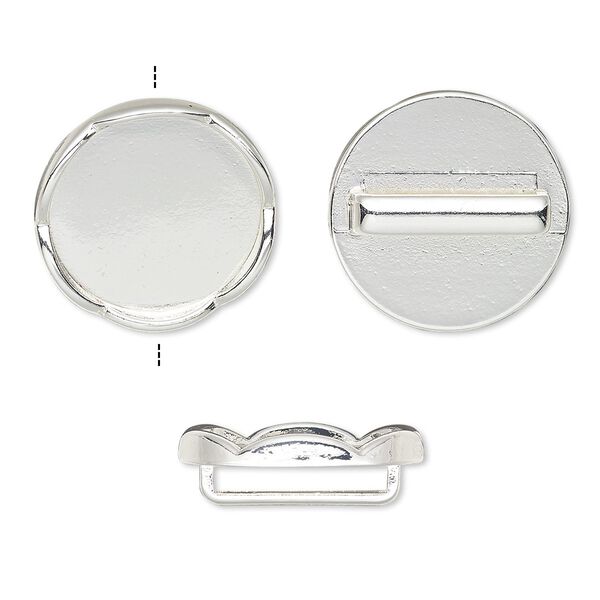 Slide, silver-finished "pewter" (zinc-based alloy), 23mm round with scalloped edge and 20mm round setting, 16x2.5mm hole. Sold per pkg of 4. image number 0