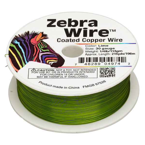 Wire, Zebra Wire™, color-coated copper, lime green, round, 30 gauge. Sold per 1/4 pound spool, approximately 215 yards. image number 0