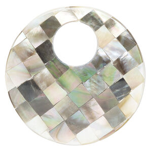 Focal, black lip shell / gold lip shell / mother-of-pearl shell (assembled) 1pkg1, 49-50mm undrilled 1sided go-go with checkerboard pattern.