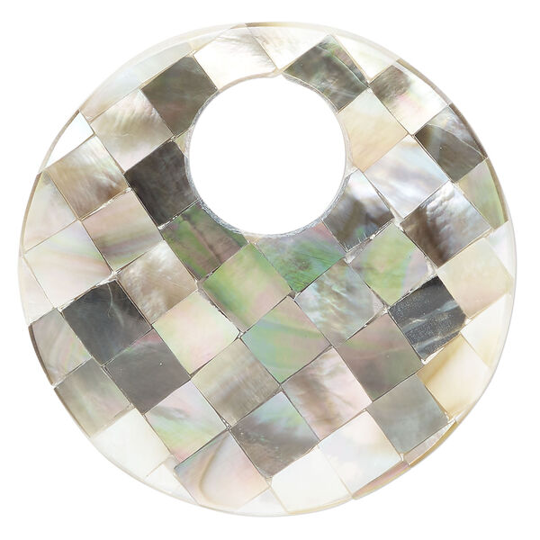 Focal, black lip shell / gold lip shell / mother-of-pearl shell (assembled) 1pkg1, 49-50mm undrilled 1sided go-go with checkerboard pattern. image number 0