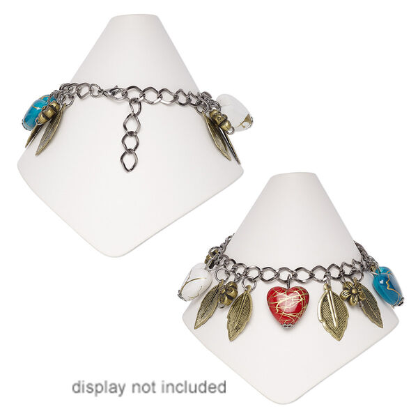 Bracelet, acrylic / brass / gunmetal- / antique brass-plated steel, multicolored,  10mm flower / 17mm puffed heart / 20x13mm leaves, 5-1/2 inches with 2-1/2 inch extender chain and lobster claw clasp. Sold individually. image number 0
